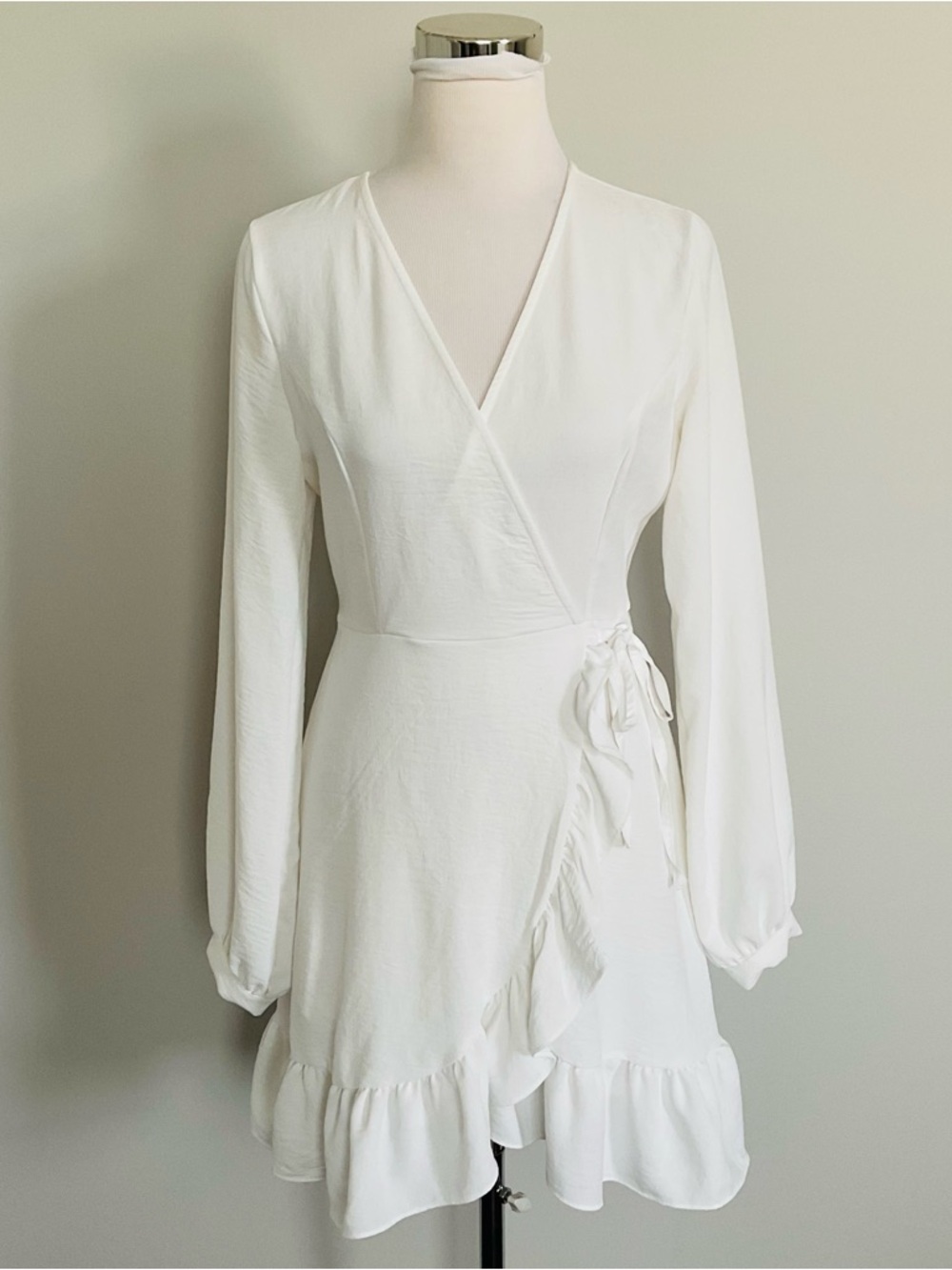 Altar'd State Pho Wrap White Dress, Long Sleeve, Ruffled Hem, Bridal Style Small